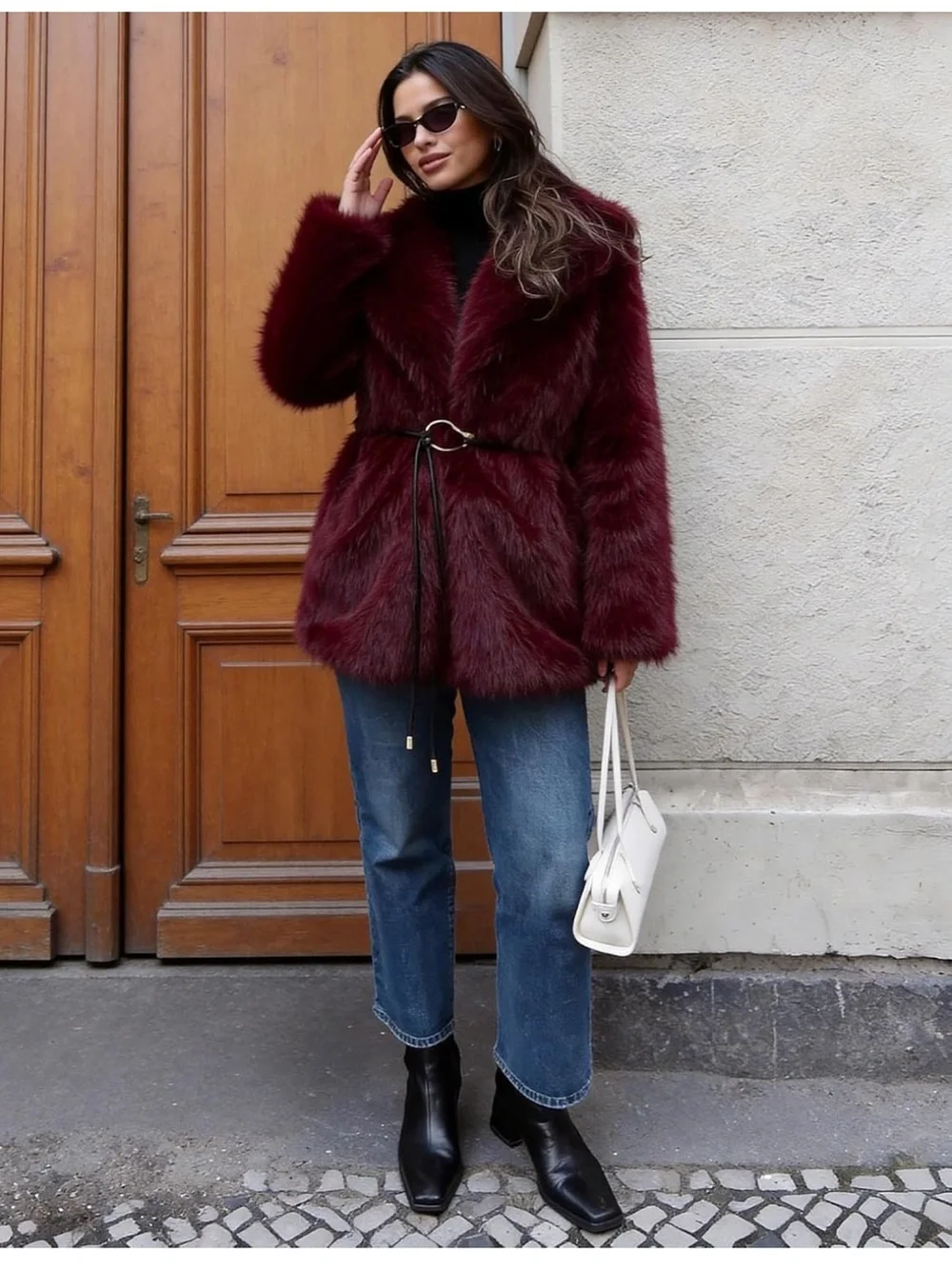 Women's Faux Fur Coat - Burgundy Plush belted Jacket